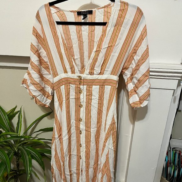 White and pink striped midi dress - button up - Picture 1 of 3